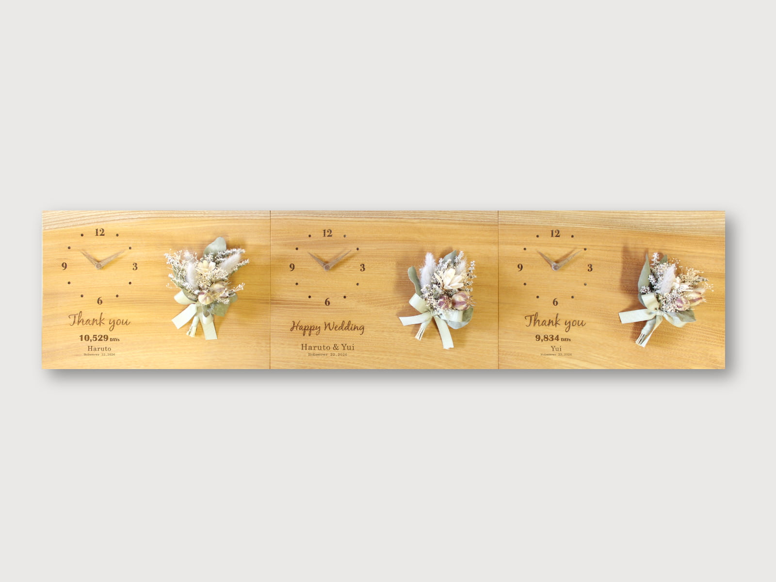 結婚式の両親プレゼント 三連時計【Fleur】フラワーアレンジメントはすべてオリジナルの三連時計。