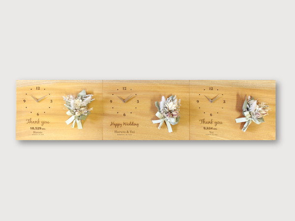 結婚式の両親プレゼント 三連時計【Fleur】フラワーアレンジメントはすべてオリジナルの三連時計。